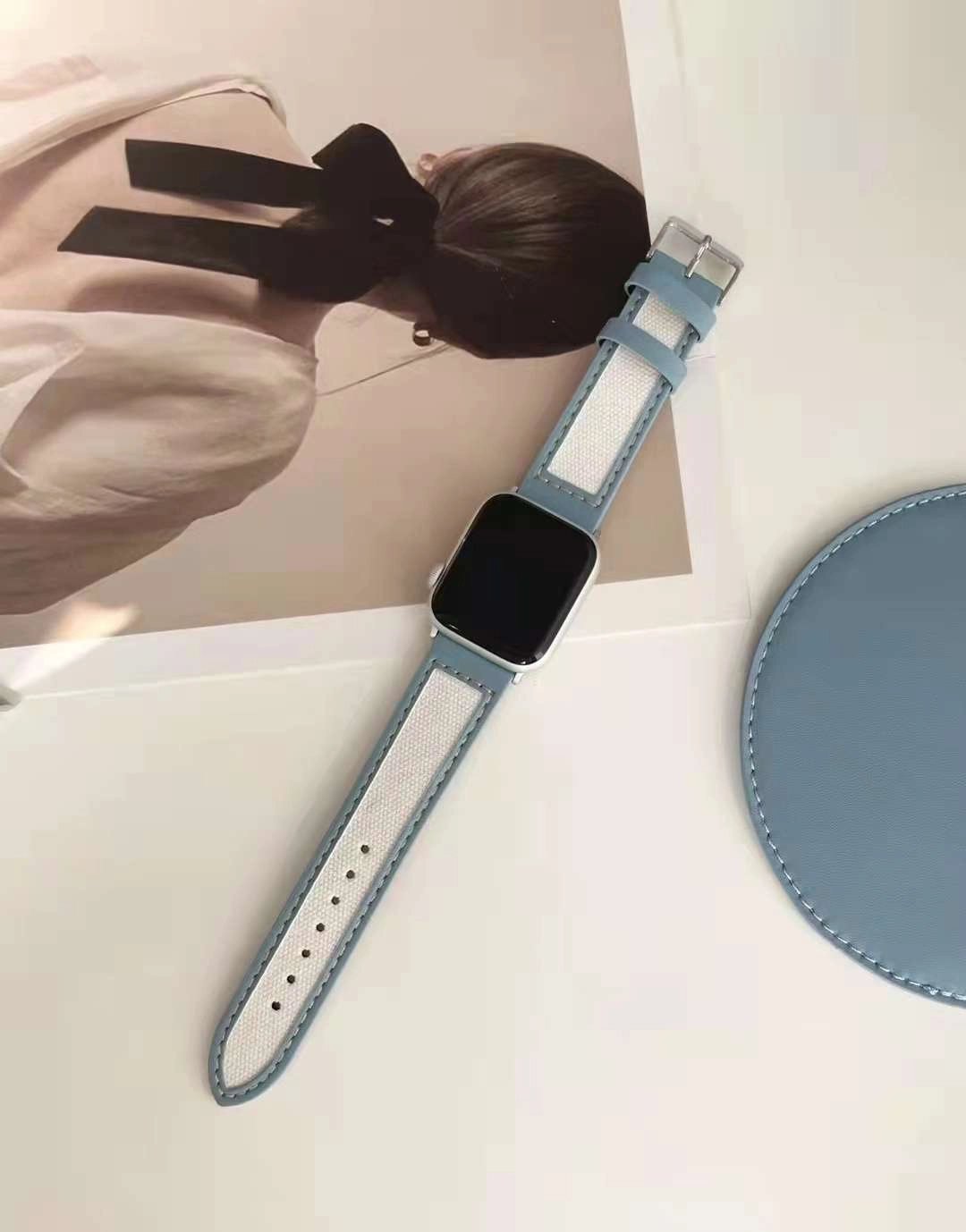 Dây đồng hồ Apple Watch 38mm/ 40mm/ 41mm/ 42mm/ 44mm/ 45mm (chất liệu da bò, họa tiết kẻ sọc) series 1 đến series 7
